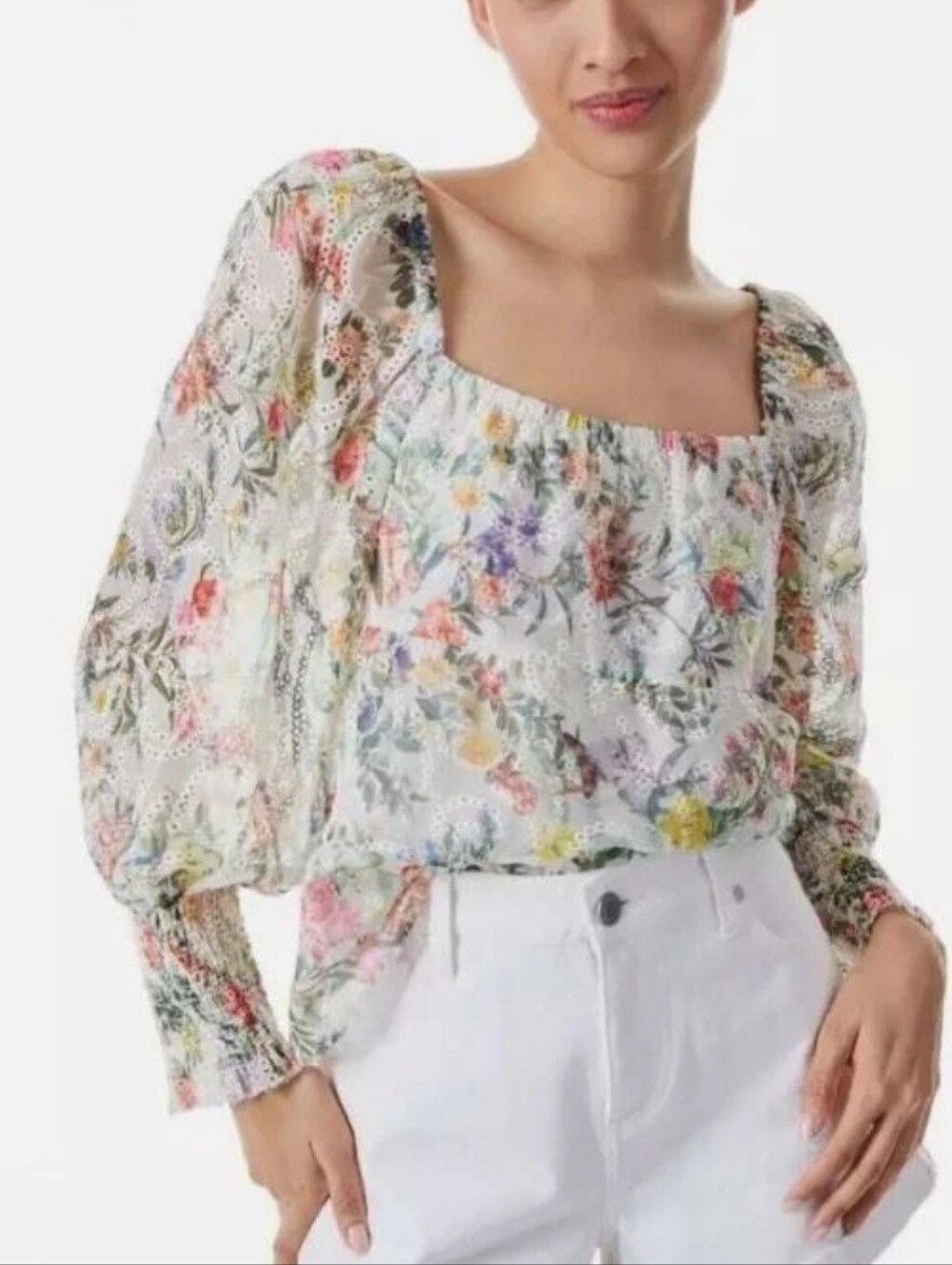 Alice + Olivia Rowa Smocked Multicolor Floral Square Neck Eyelet Blouse